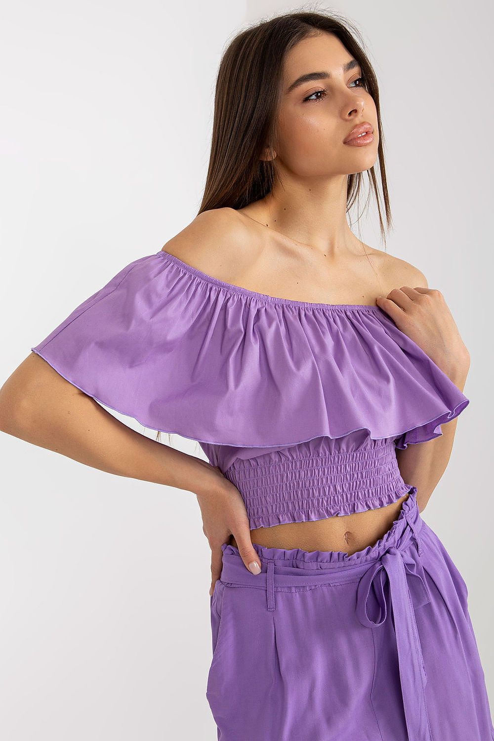 “Boho Breeze Off-Shoulder Top in Violet, angled detail view”