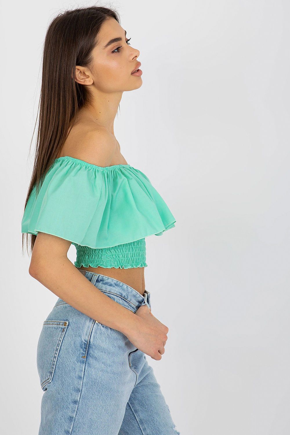 “Boho Breeze Off-Shoulder Top in Green, side view”