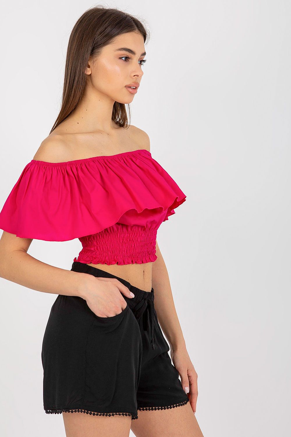“Boho Breeze Off-Shoulder Top in Deep Pink, side view”