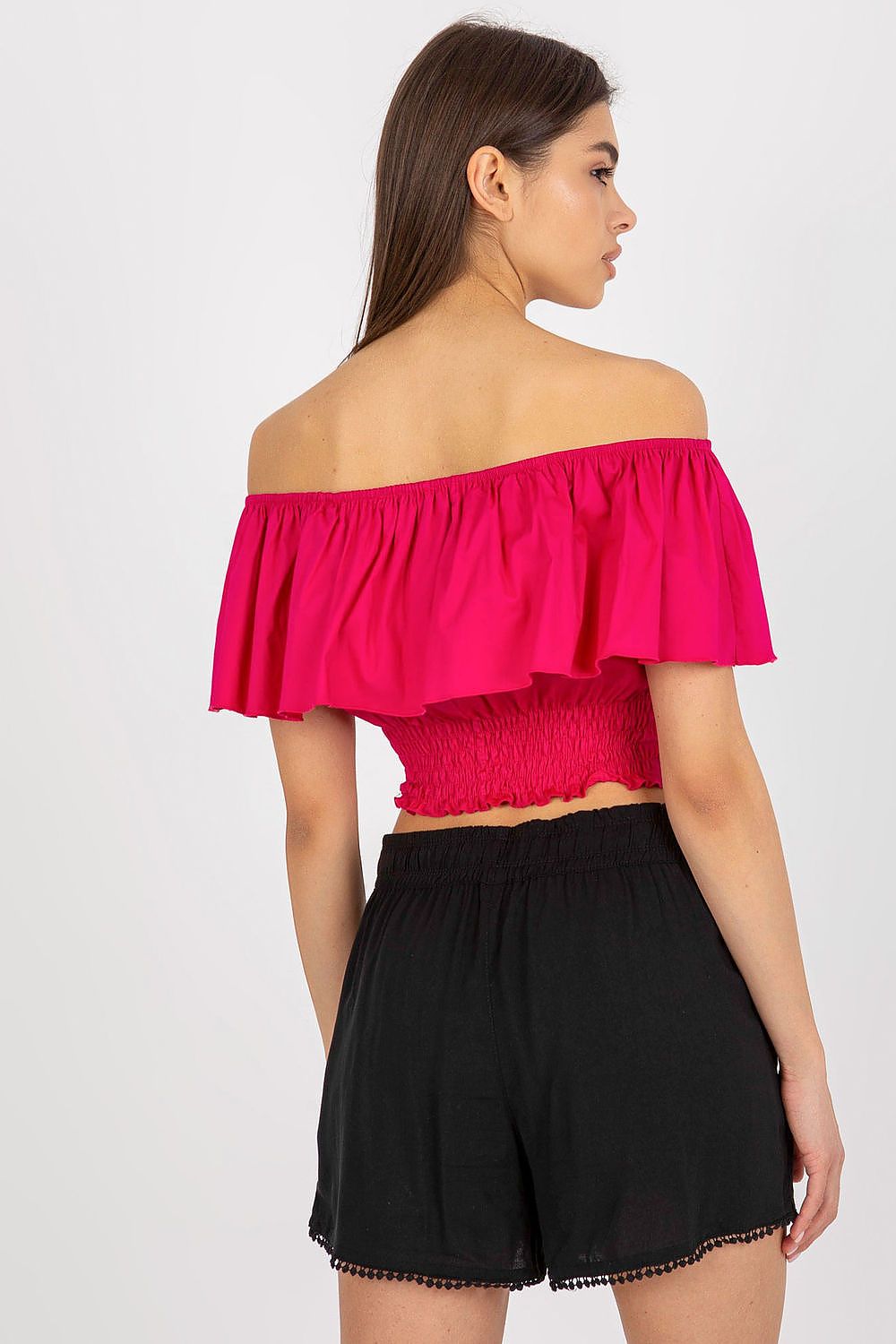 “Boho Breeze Off-Shoulder Top in Deep Pink, back view”