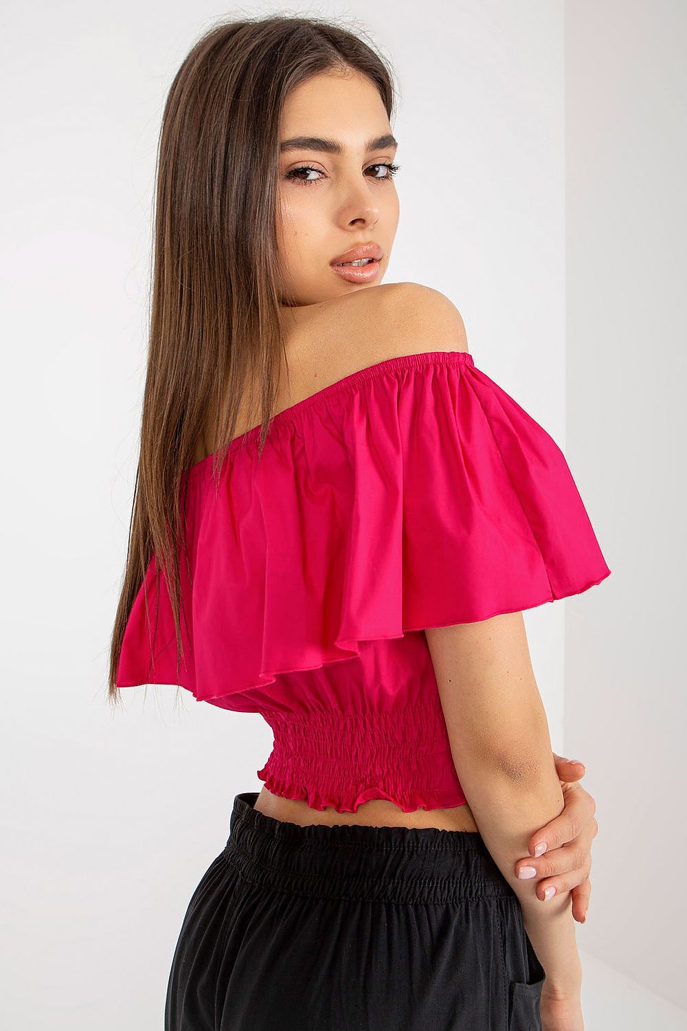“Boho Breeze Off-Shoulder Top in Deep Pink, detailed view”