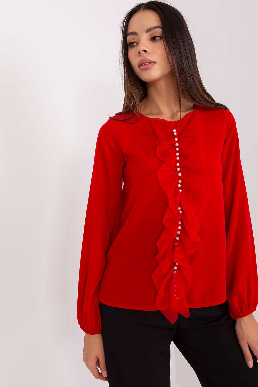 “Beaded Elegance Blouse in Red, front view”