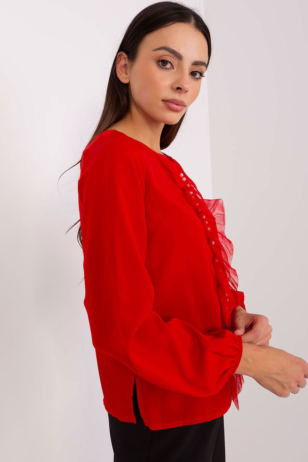 “Beaded Elegance Blouse in Red, side view”