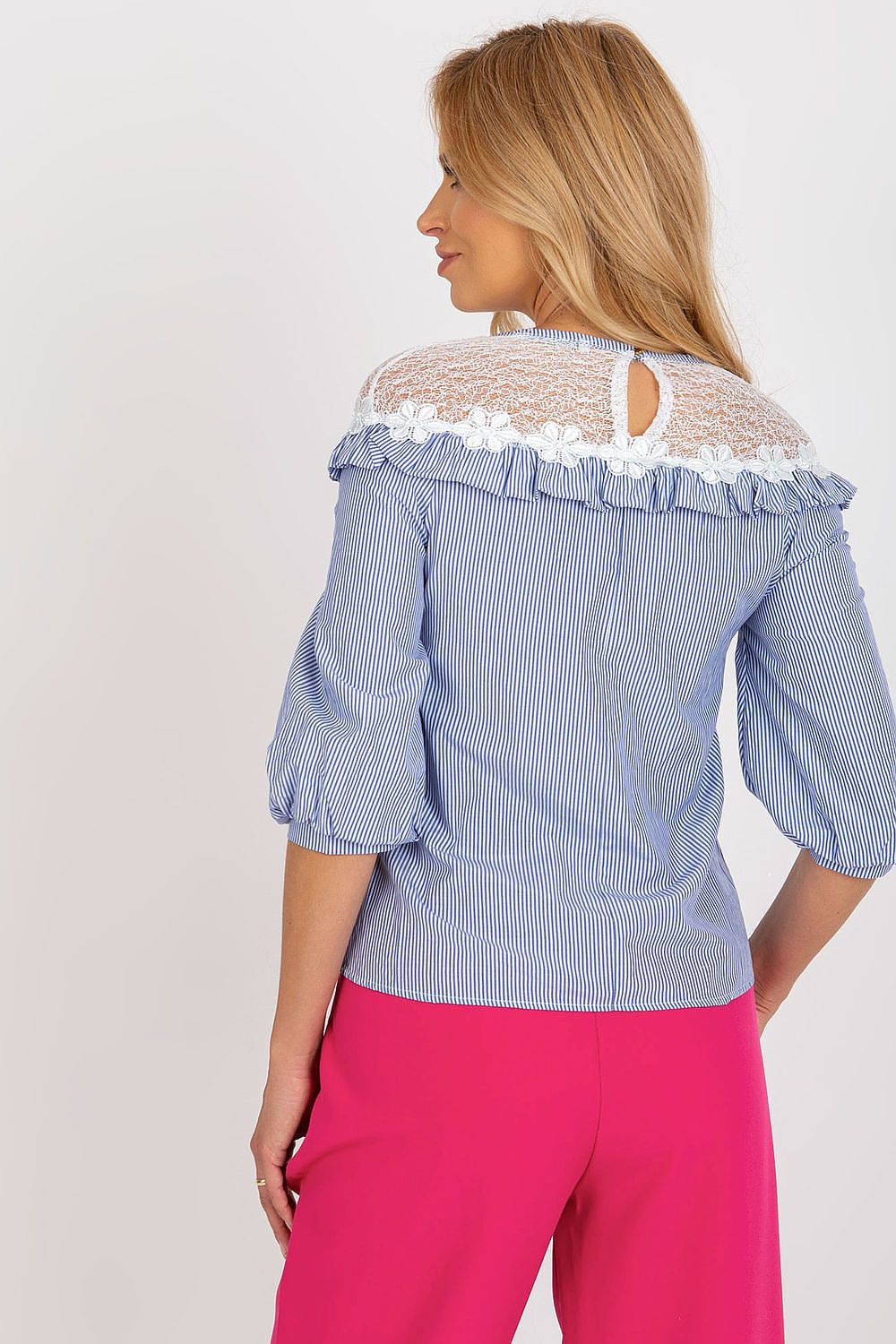 “Romantic Stripe Lace Blouse in Blue, Back view”