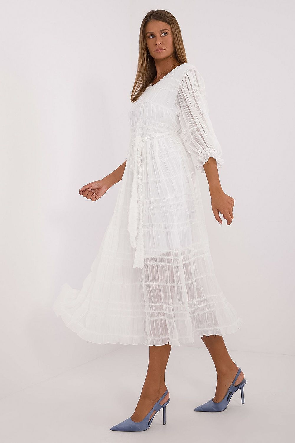 “Elegant Charm Puff-Sleeve Midi Dress in White, side view”