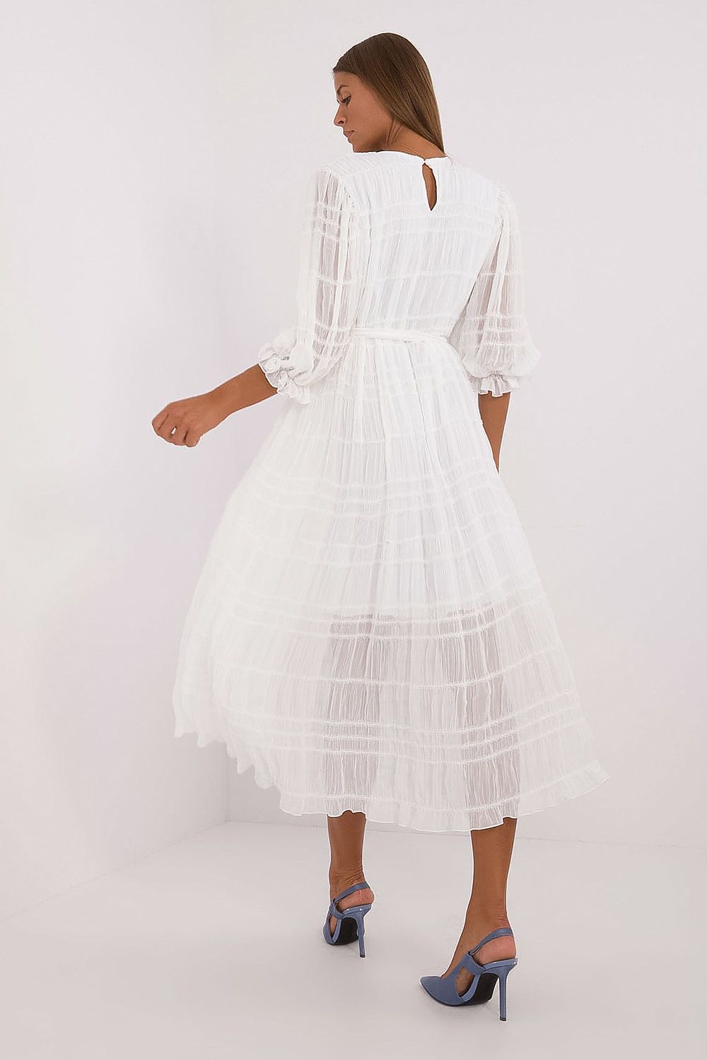 “Elegant Charm Puff-Sleeve Midi Dress in White, back view”