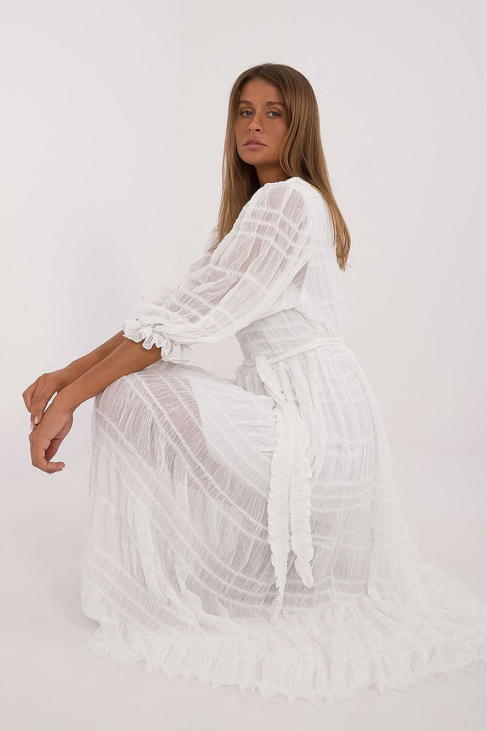 “Elegant Charm Puff-Sleeve Midi Dress in White, detailed view”