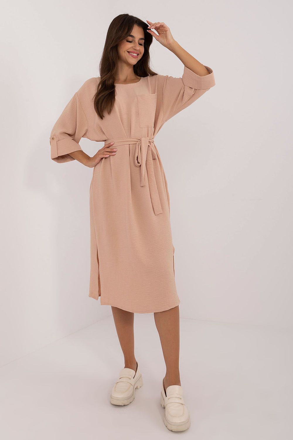 “Everyday Ease Belted Midi Dress in Pinky Brown, front view”