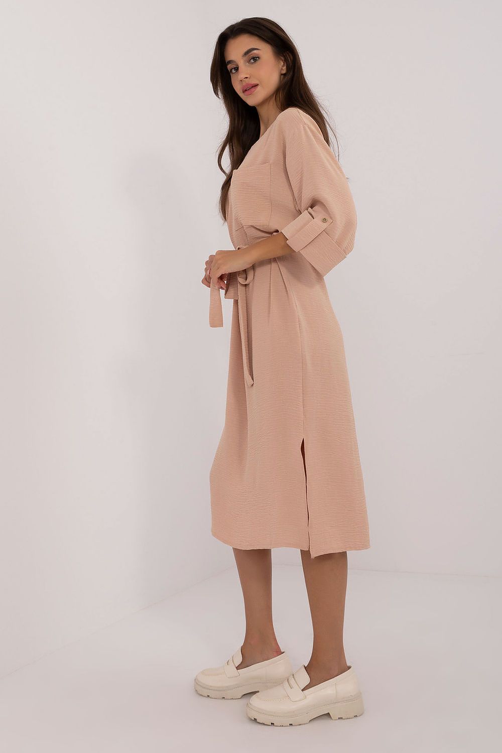 “Everyday Ease Belted Midi Dress in Pinky Brown, side view”
