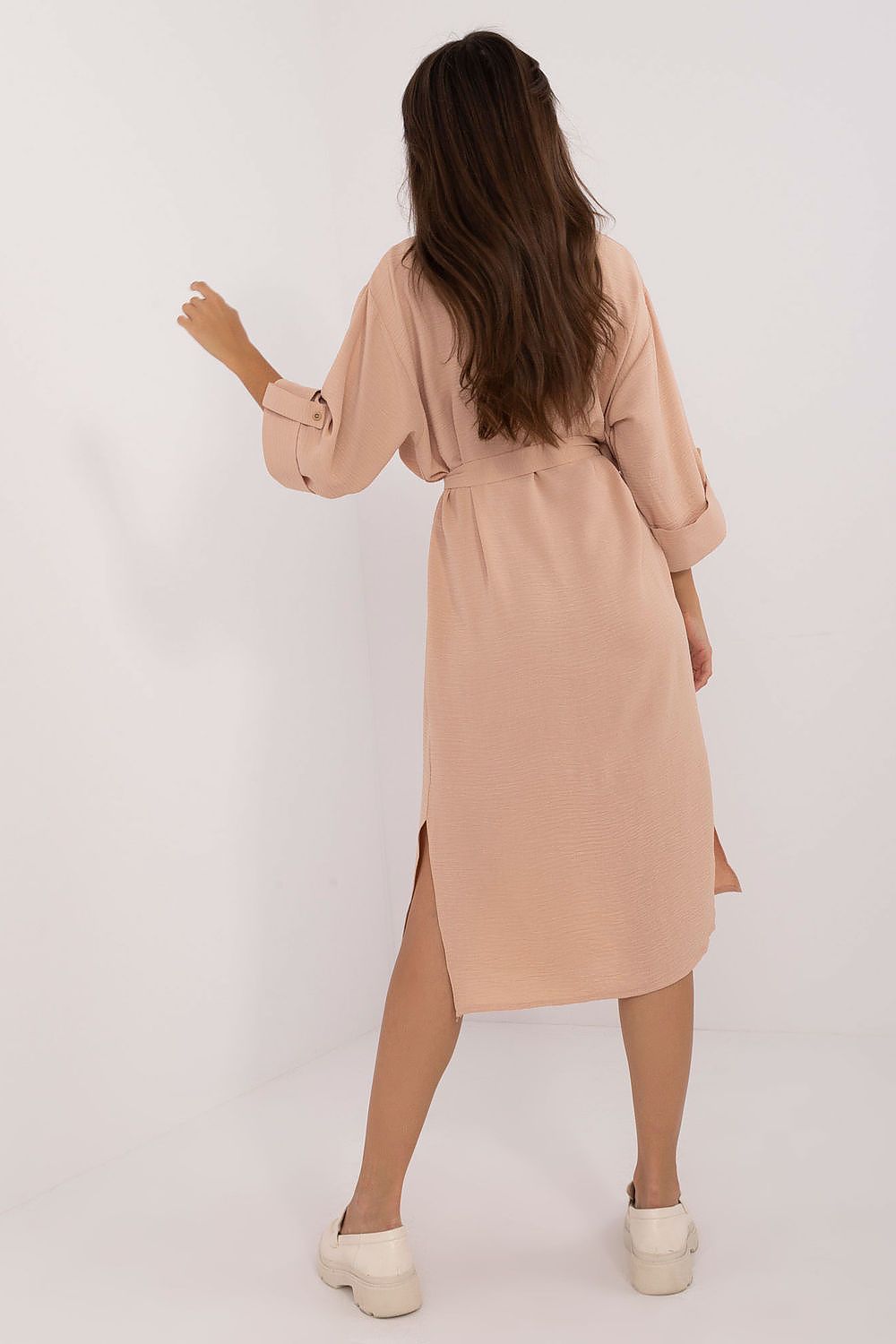 “Everyday Ease Belted Midi Dress in Pinky Brown, back view”