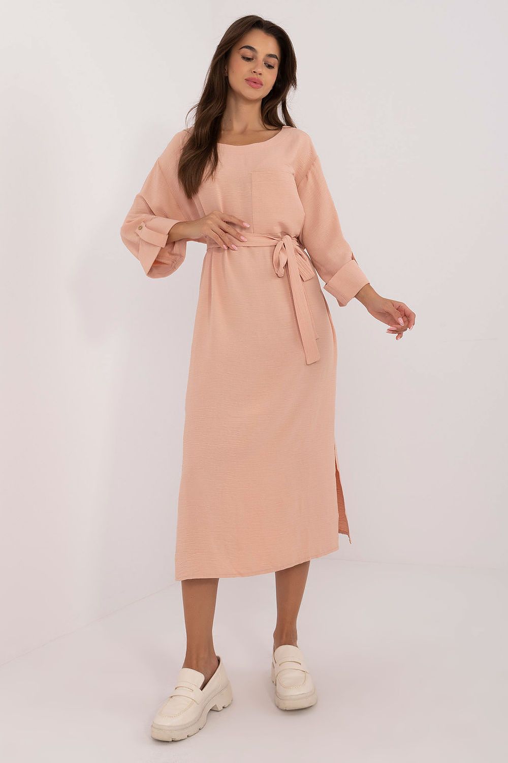 “Everyday Ease Belted Midi Dress in Light Pink, front view”