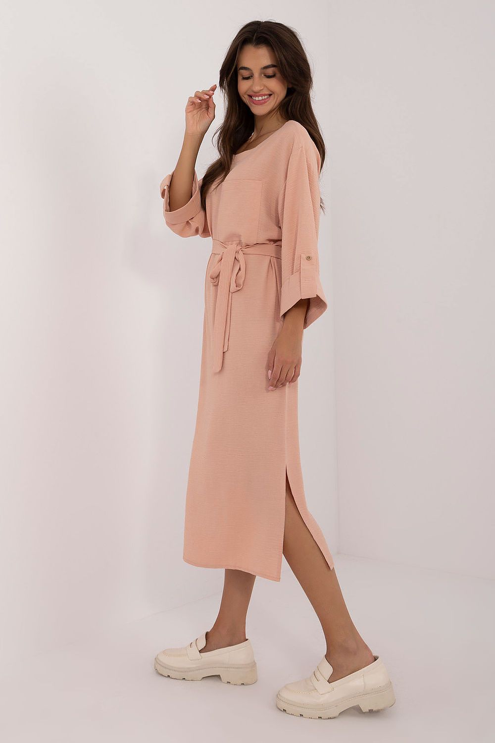 “Everyday Ease Belted Midi Dress in Light Pink, alternate front view”