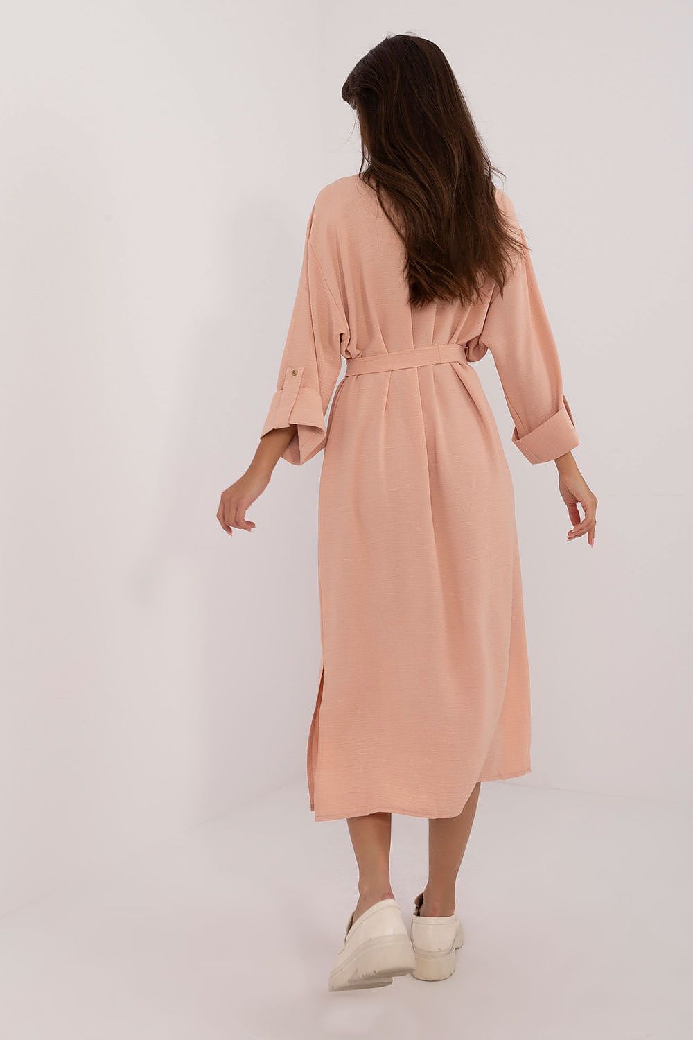 “Everyday Ease Belted Midi Dress in Light Pink, angled side view”