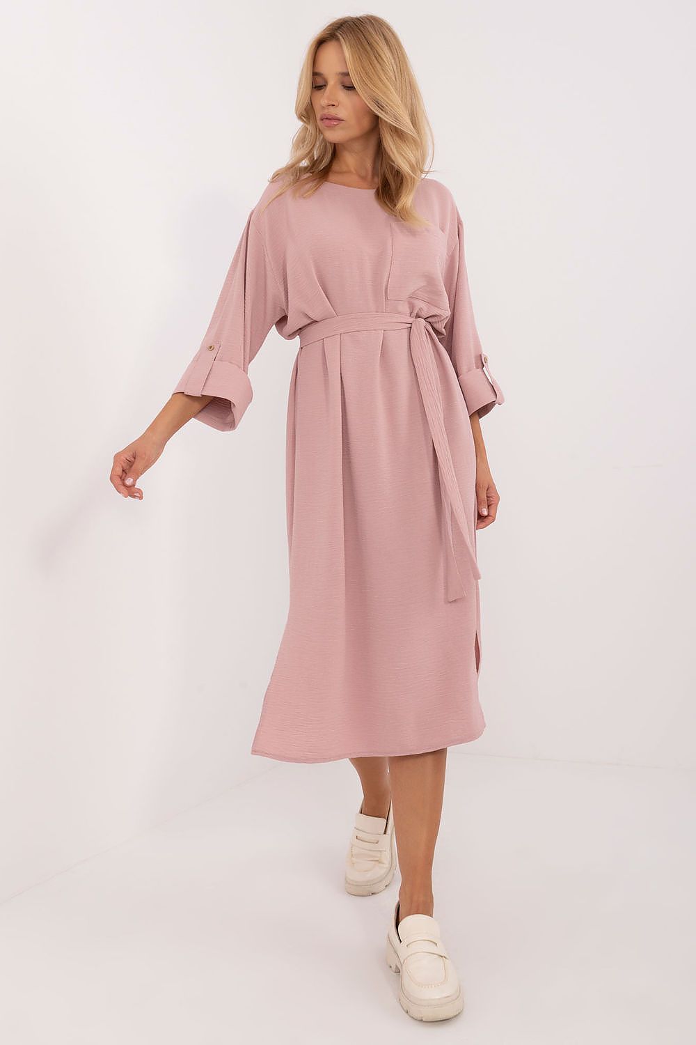 “Everyday Ease Belted Midi Dress in Pink, alternate front view”