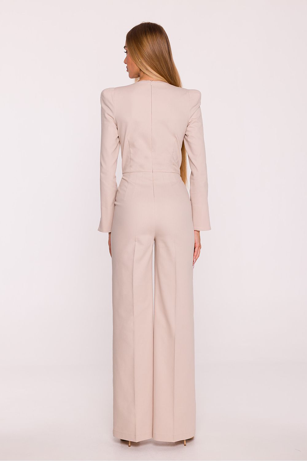 beige women’s structured palazzo jumpsuit rear view