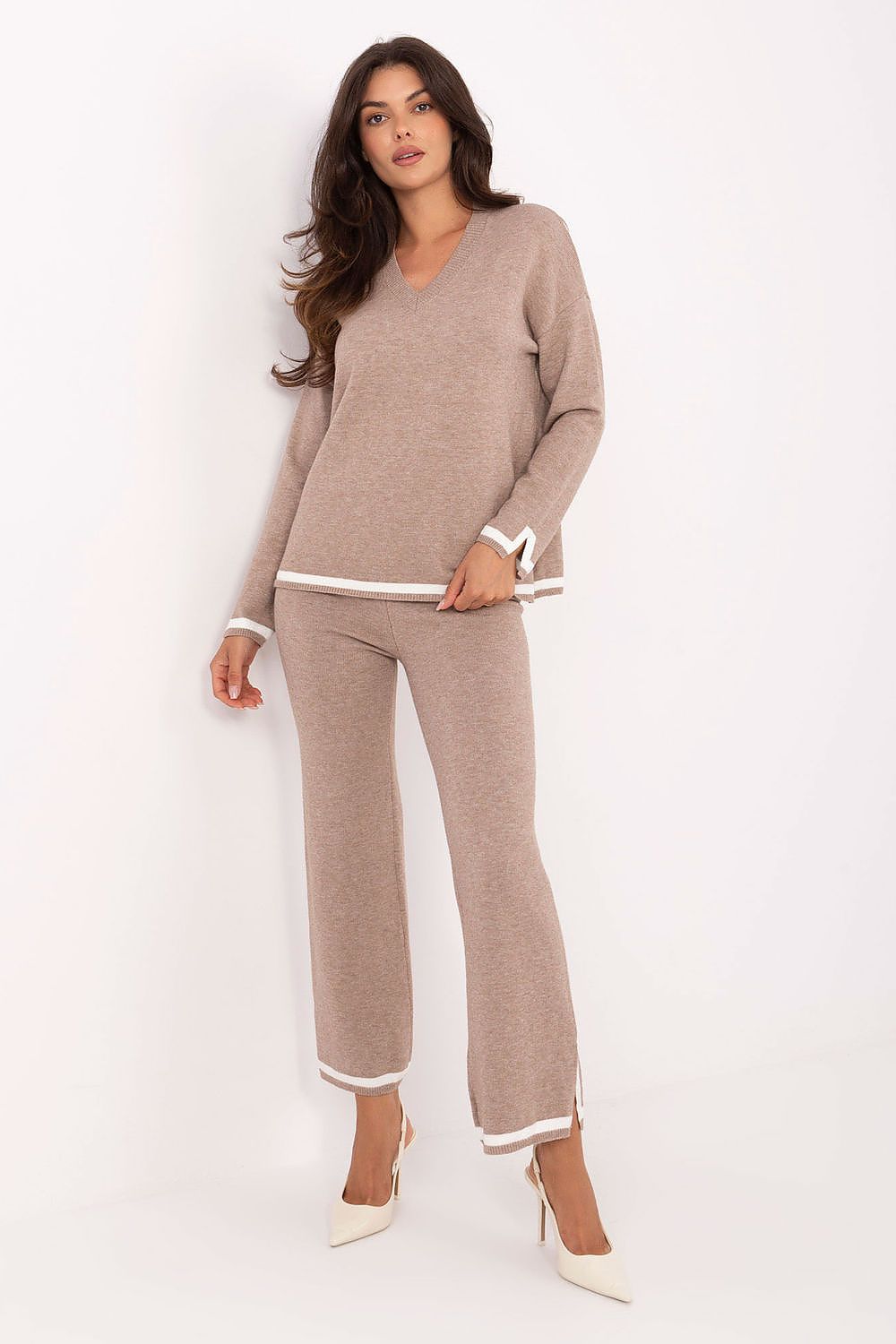 women’s modern sweater and pants set with v neck top