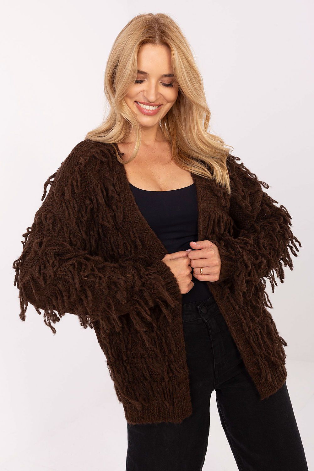 boho fringe open front cardigan brown one size front view