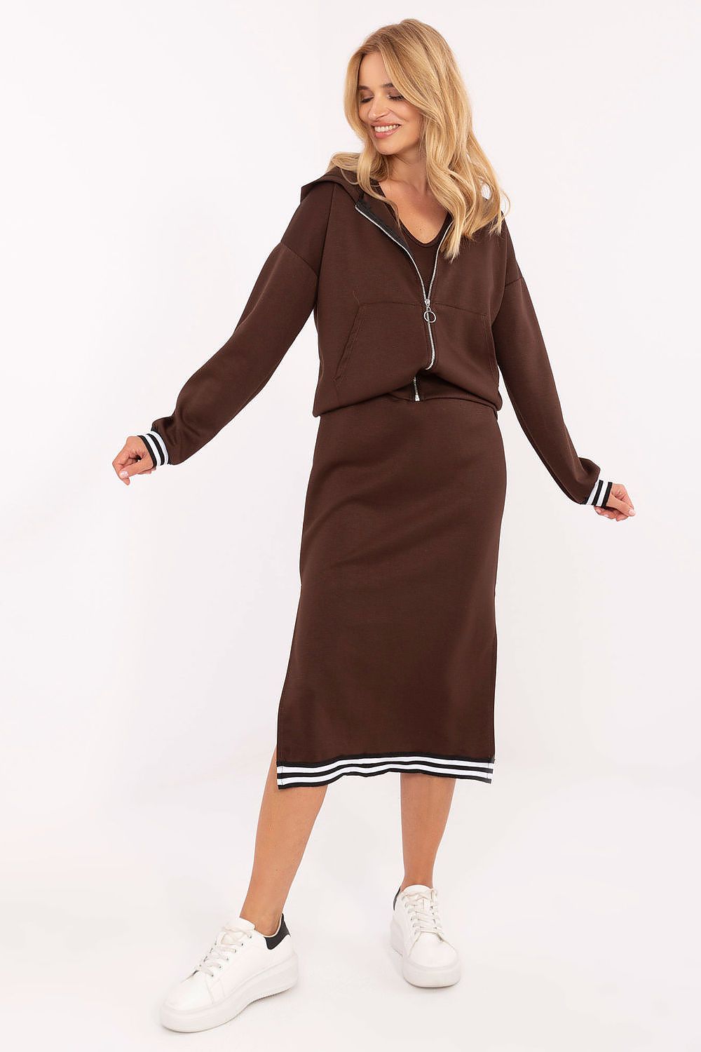 Brown women’s casual set with hoodie and midi dress front view