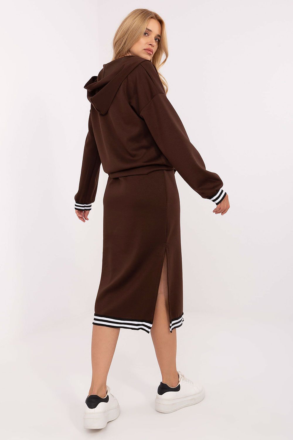 Brown women’s casual set with hoodie and midi dress back view
