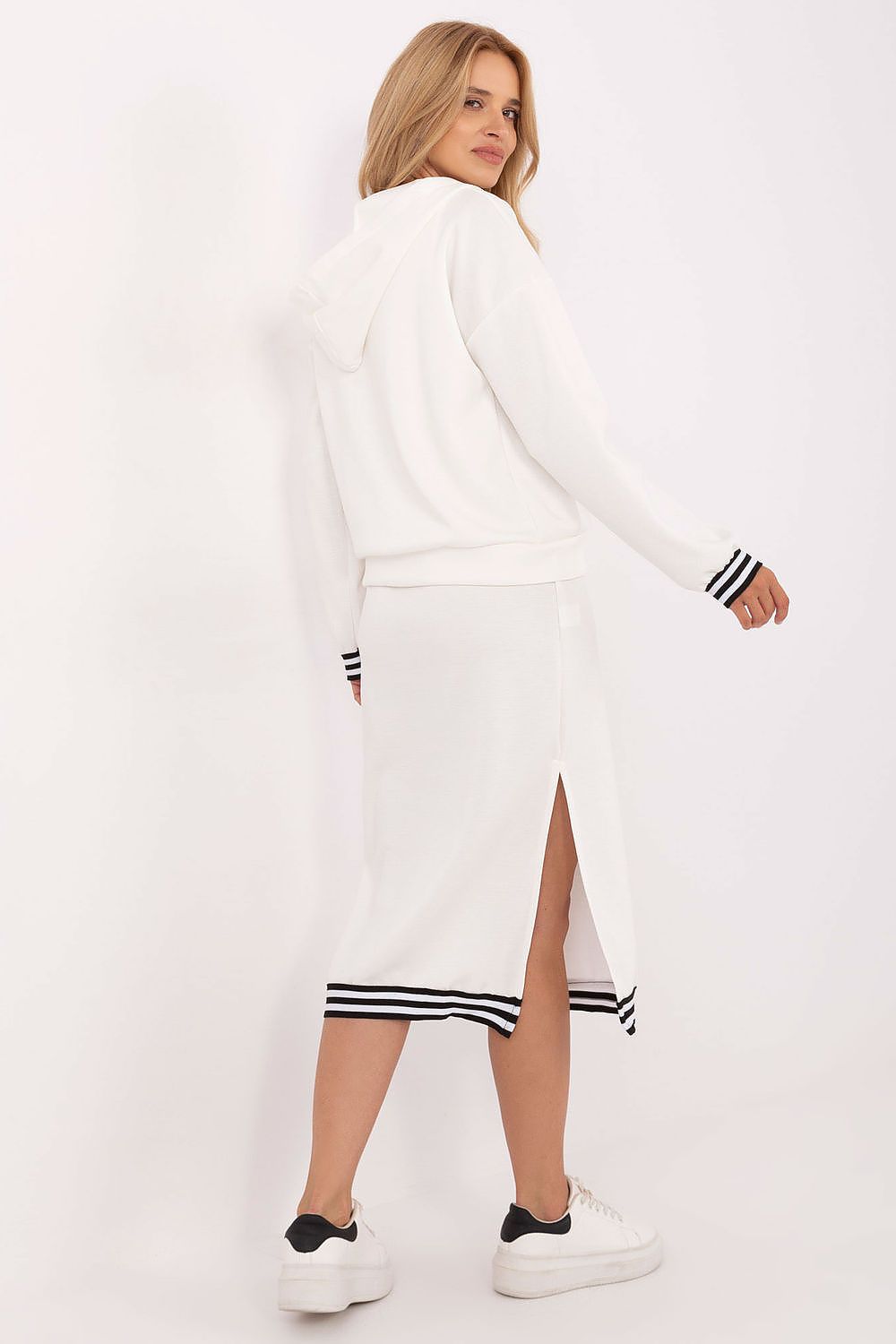 White women’s casual set with hoodie and midi dress back view
