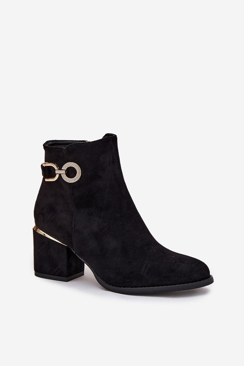 legant faux suede ankle boots with rounded toes and gold detail – standalone product photo