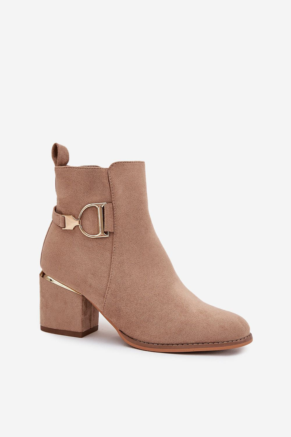 Chic faux suede ankle boots lined with soft interior and gold detail – standalone product photo