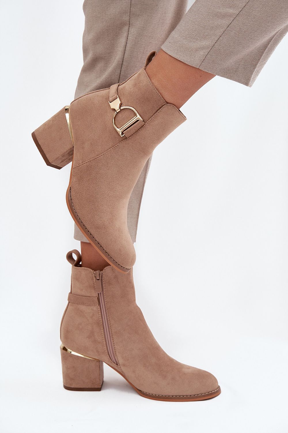 Women’s faux suede ankle boots with gold accents and column heel – front view