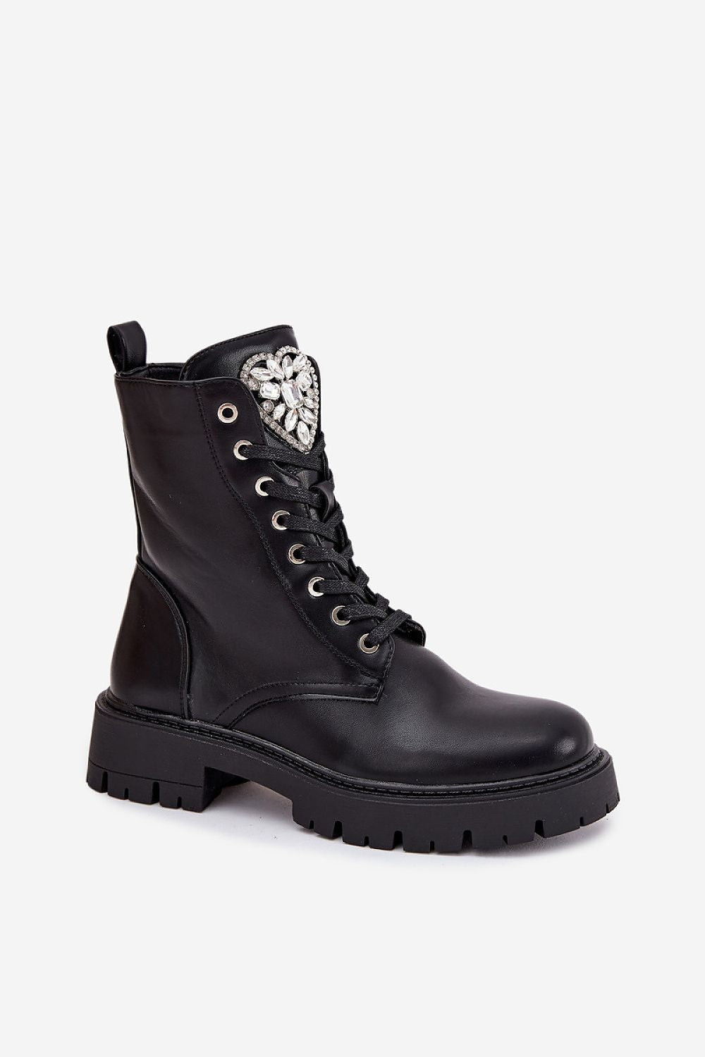 Chic eco leather ankle boots with decorative heart and crystals – standalone product photo
