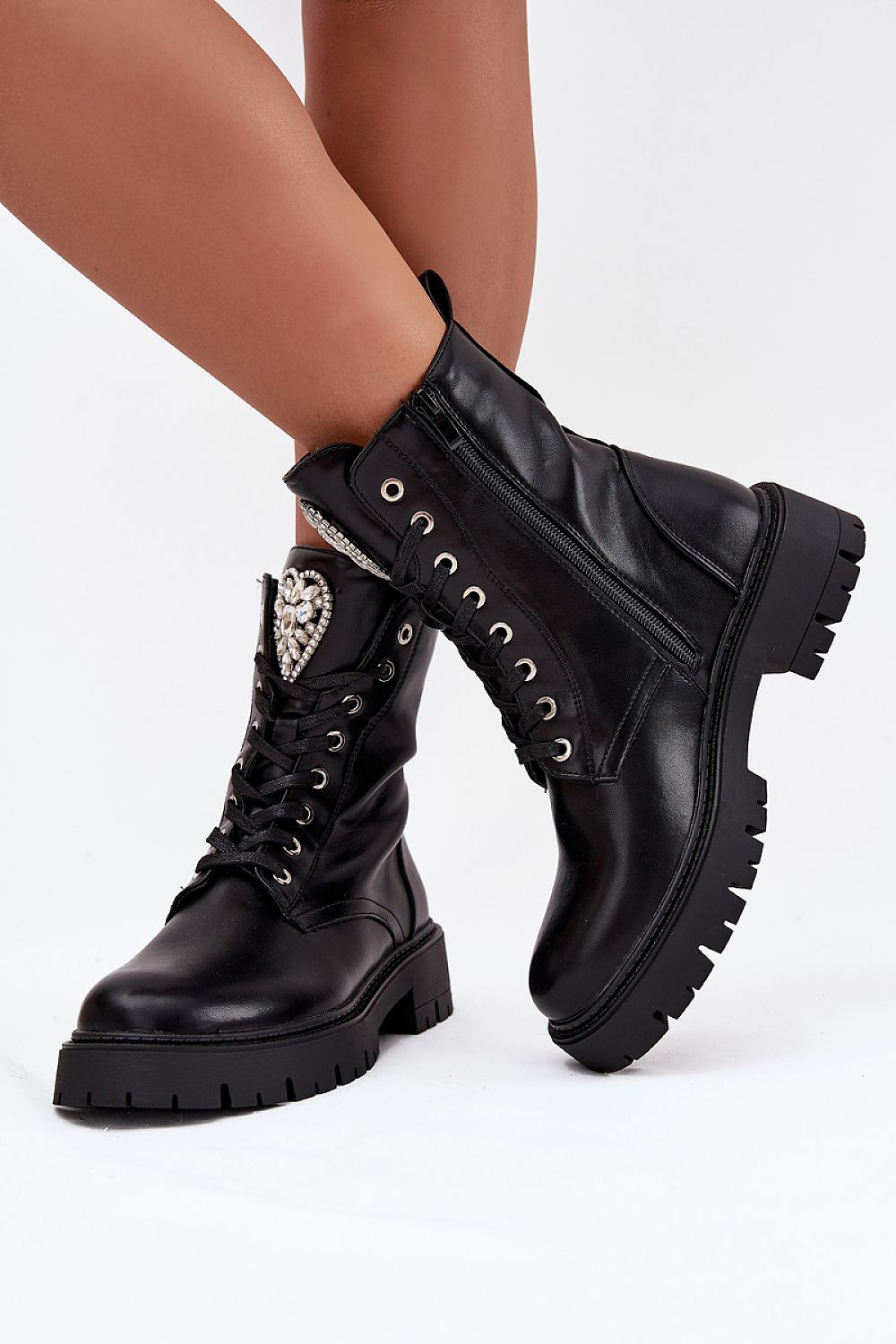 Women’s eco leather ankle boots with crystal heart detail – front view 2
