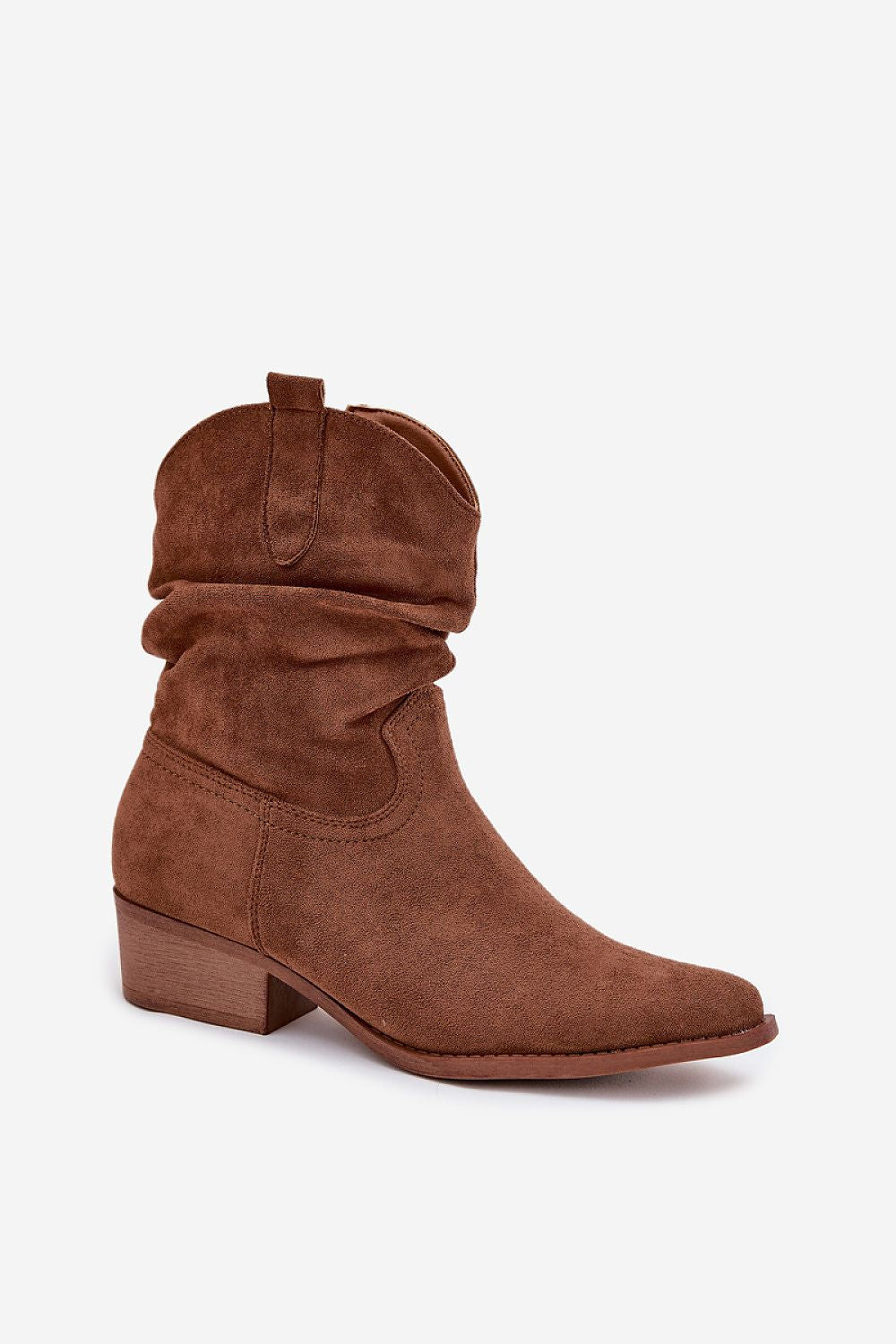 Back angle of brown women’s eco suede ankle boots highlighting almond toe.