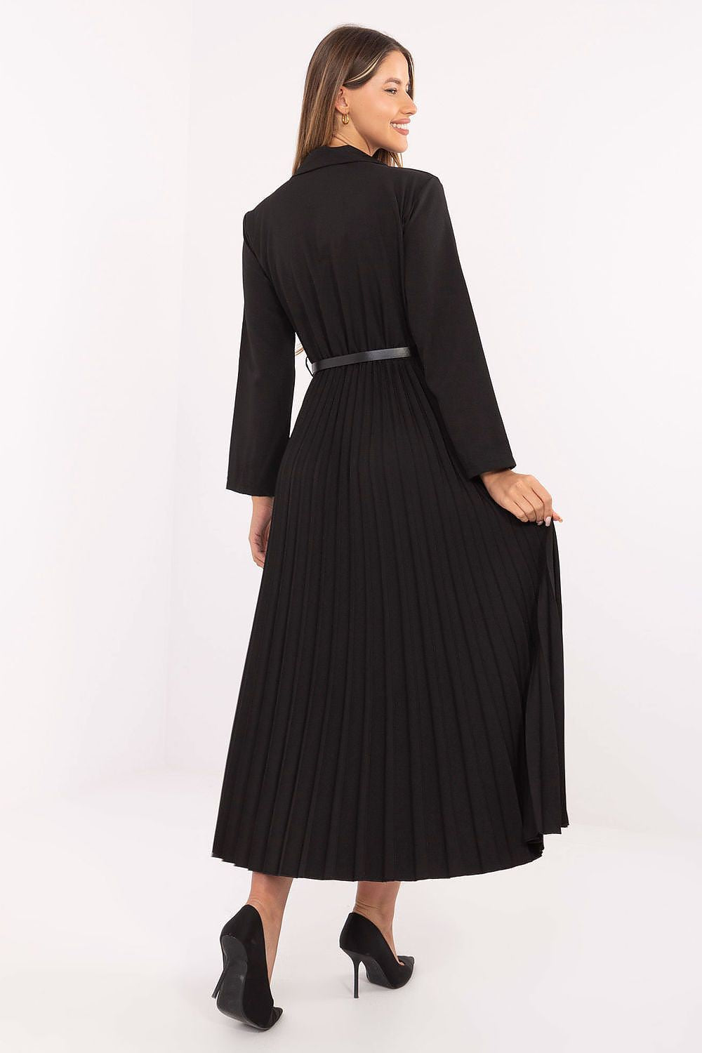 Back view – Maxi dress highlighting buttoned waist belt and smooth finish of material.