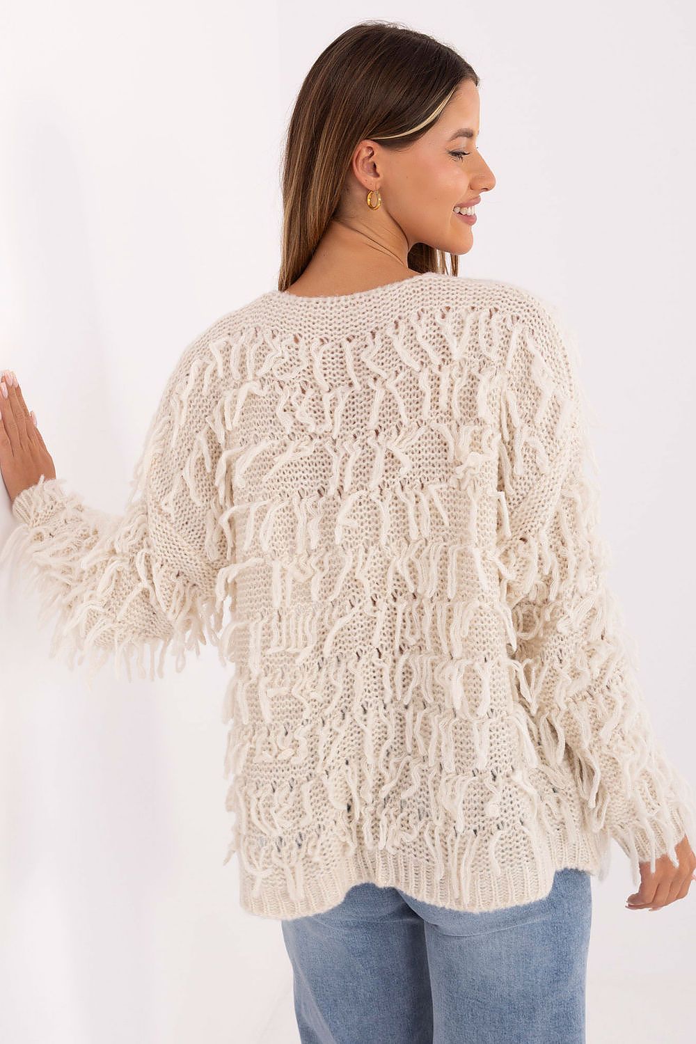 Women’s boho knit cardigan with fringes in beige, casual open-front style 3