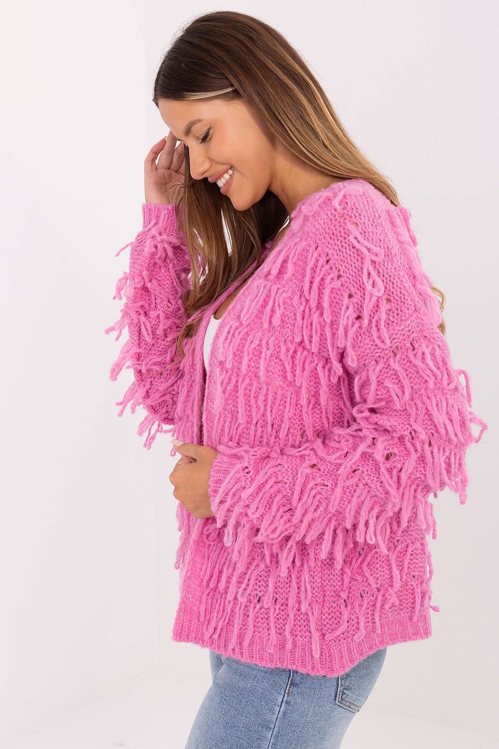 Women’s boho fringe knit cardigan in pink, open-front with long sleeves 2