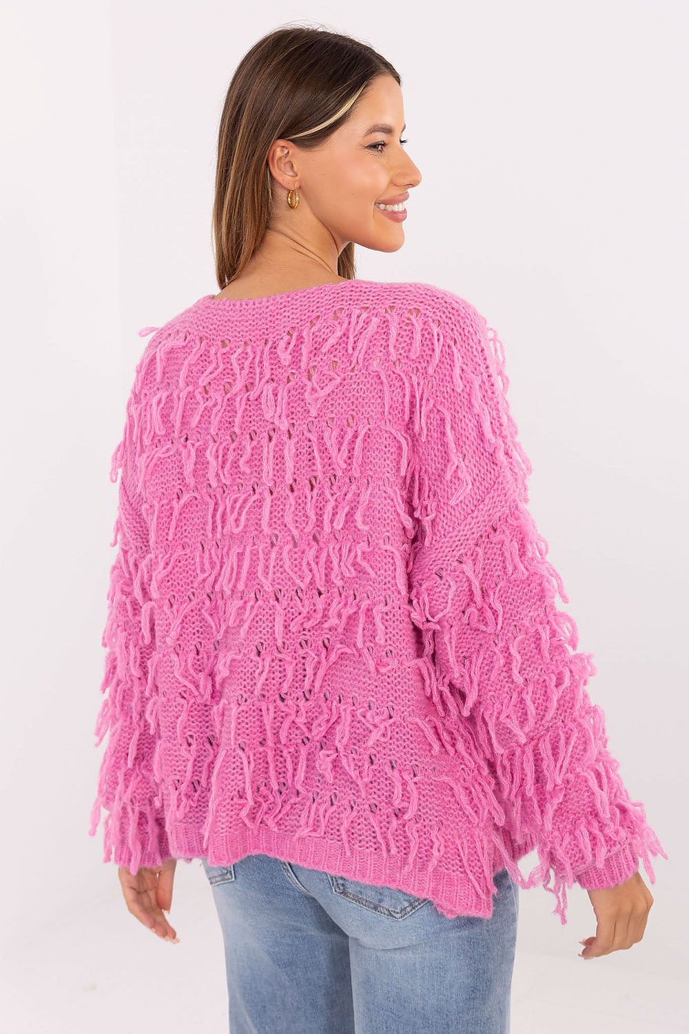 Women’s boho fringe knit cardigan in pink, open-front with long sleeves 3