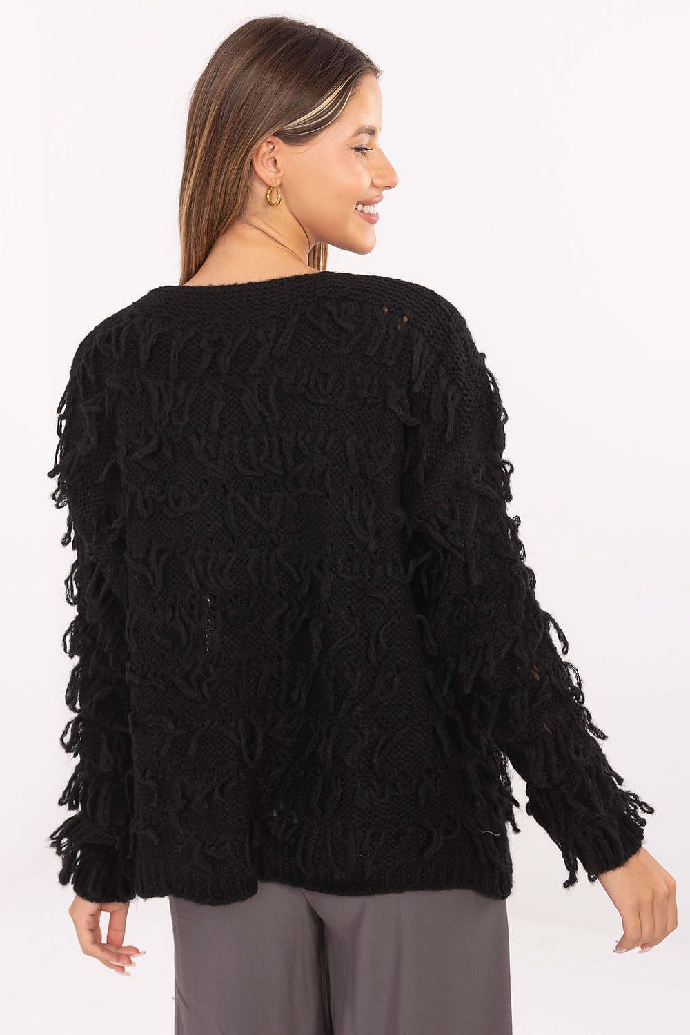 Women’s fringe cardigan in black, long sleeves, open-front, boho style 3