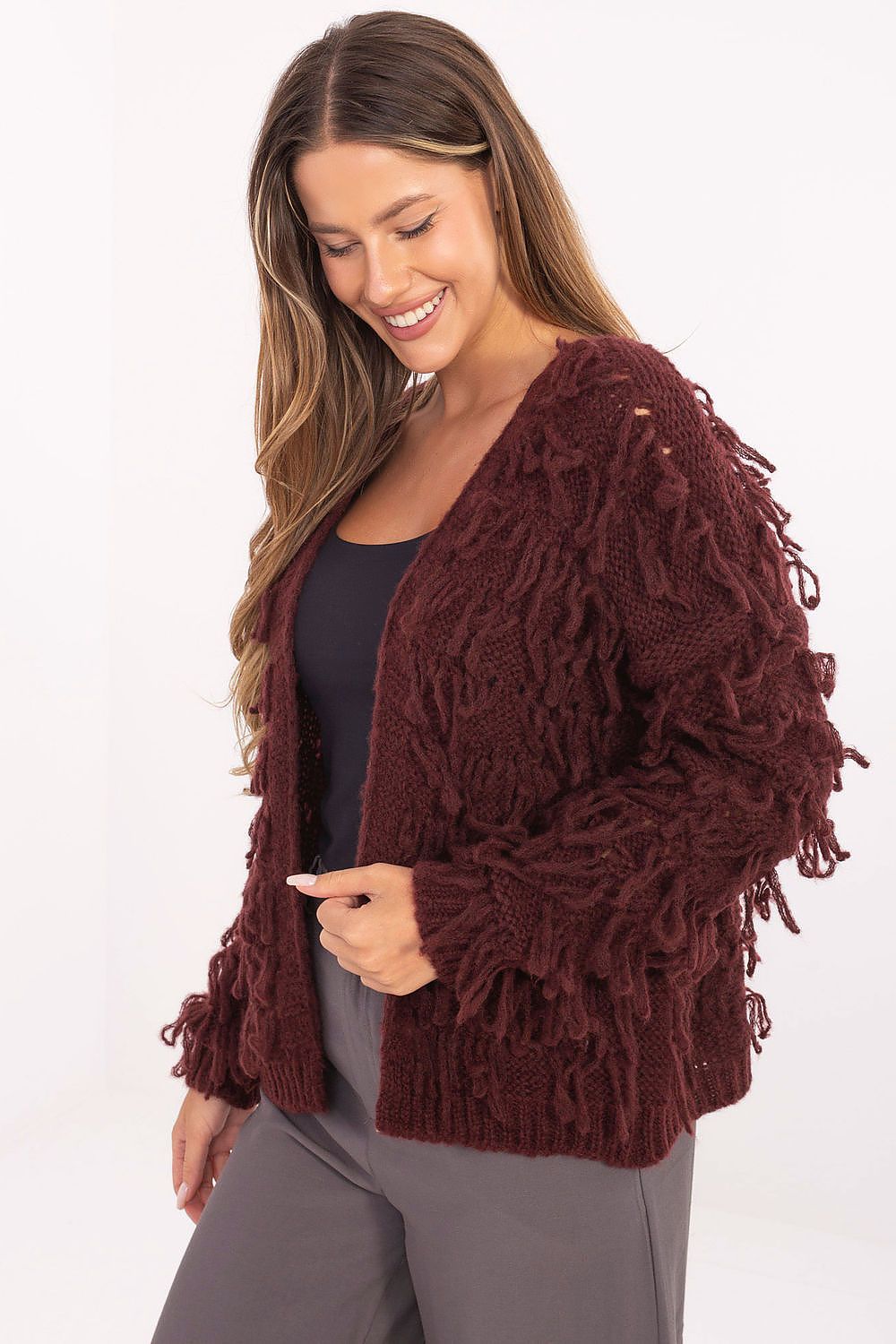 Women’s red boho knit cardigan with fringes, open-front layering sweater 2