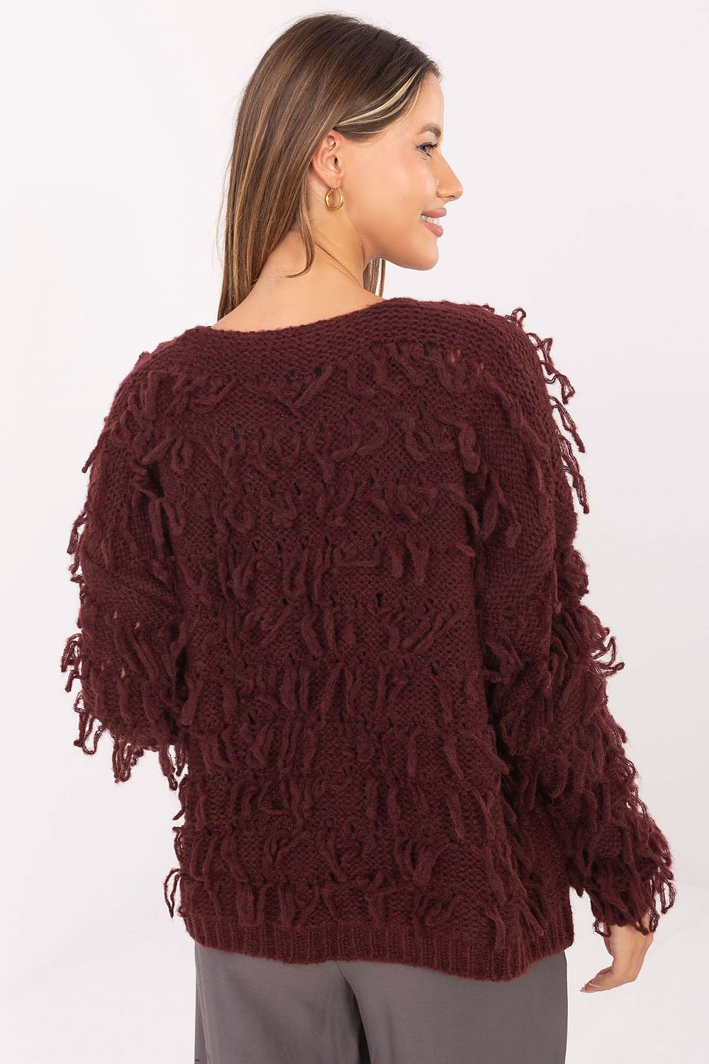 Women’s red boho knit cardigan with fringes, open-front layering sweater 3
