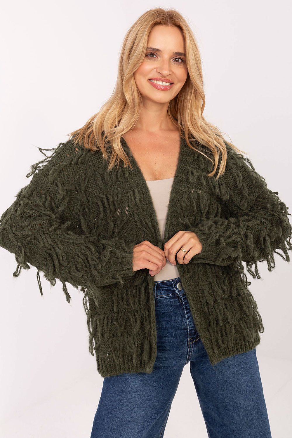 Women’s green fringe cardigan, casual boho knitwear with long sleeves