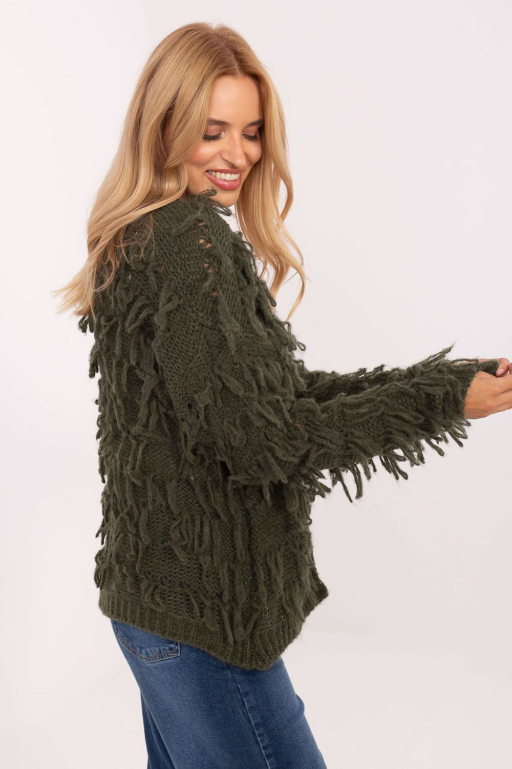 Women’s green fringe cardigan, casual boho knitwear with long sleeves 2