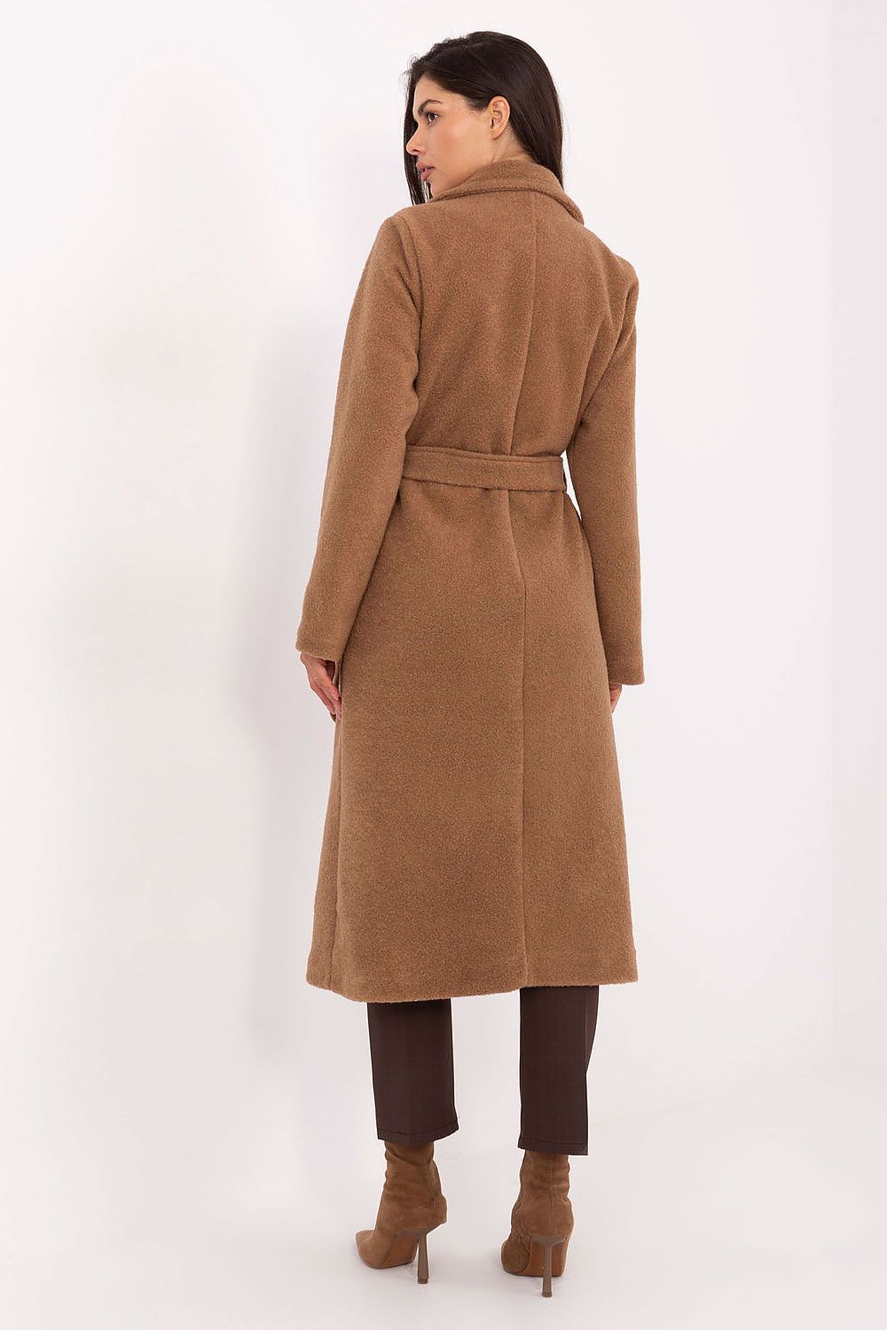 Brown bouclé coat back view emphasizing chic and casual design