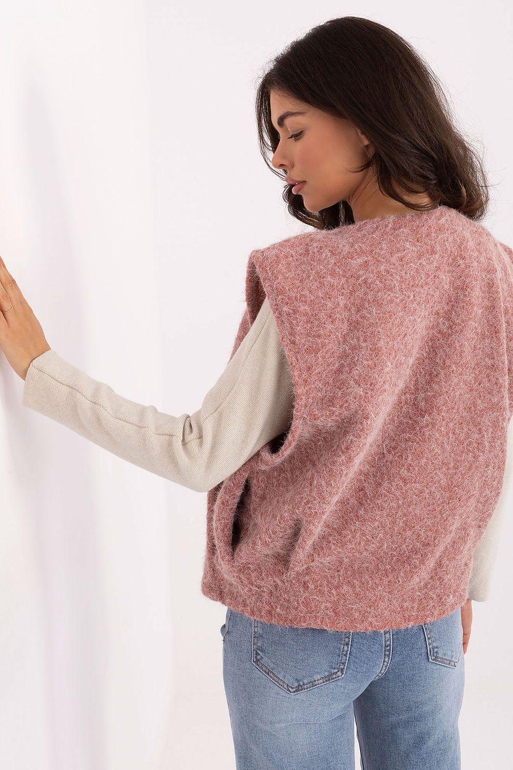 Back view showing standard length and stylish cut of Elysia Women’s boucle vest.