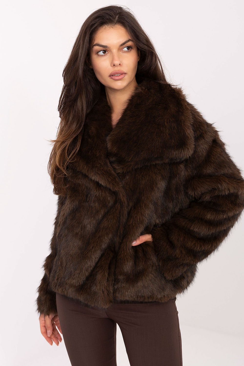 Front view of Celeste Women’s fur coat with lapel collar, snap-button closure, and long sleeves, perfect for autumn and winter.