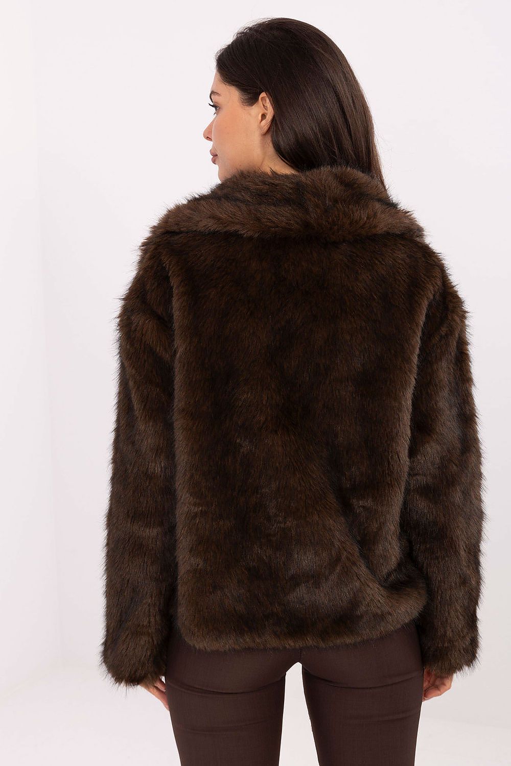 Back view showing standard length and classic cut of Celeste Women’s fur coat.