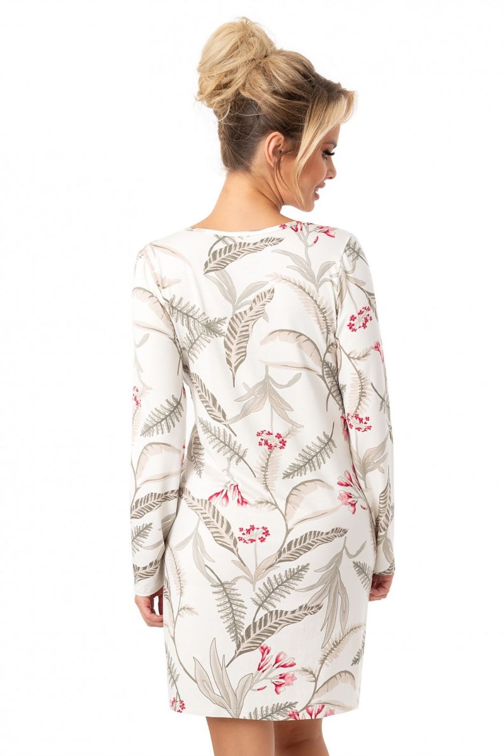 Women's beige printed nightdress with long sleeves, lace-trimmed V-neck and knee-length hem-rear-view