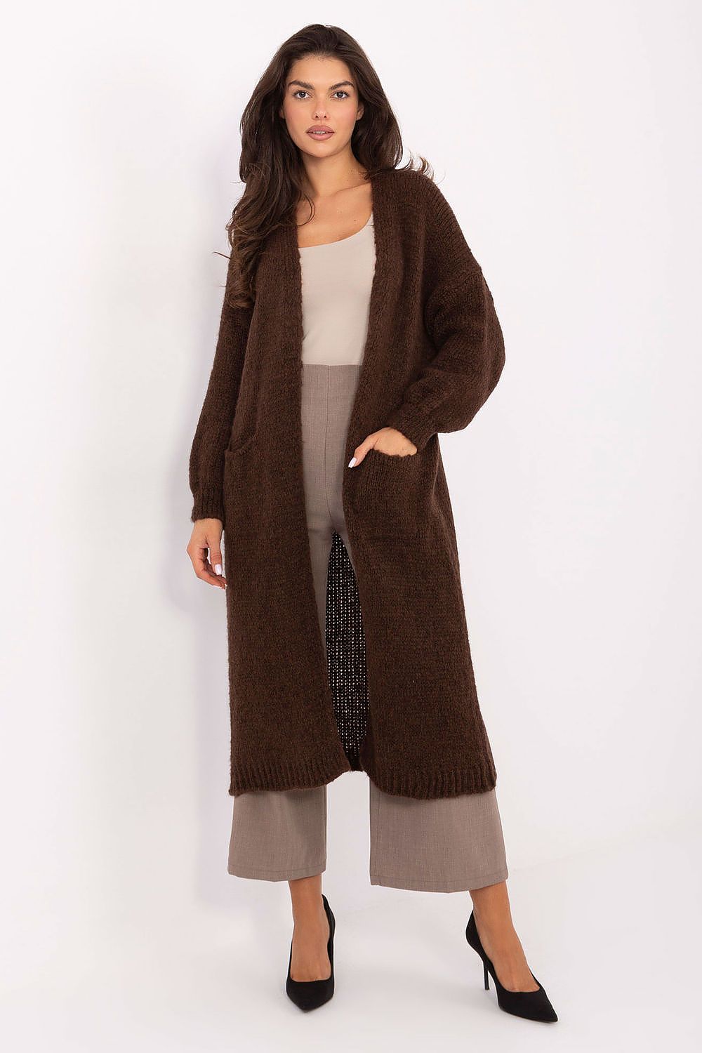 Front view of Liora Women’s long casual cardigan with open-front design and slip pockets.