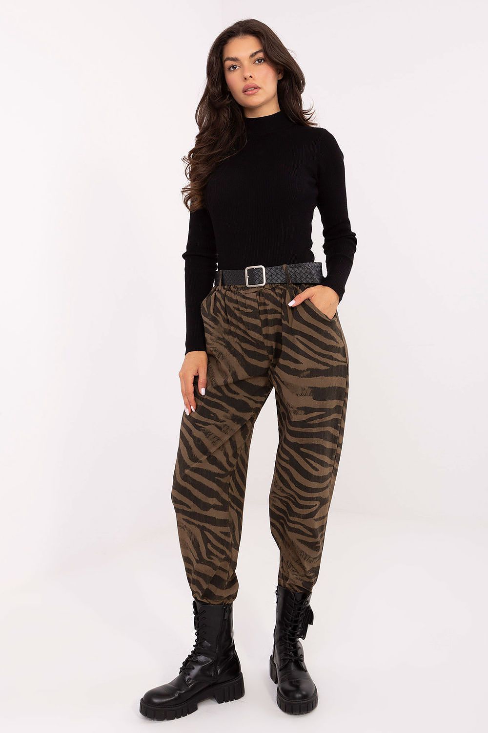 Front view of Zarah Women’s zebra print casual pants with high waist and tapered legs.
