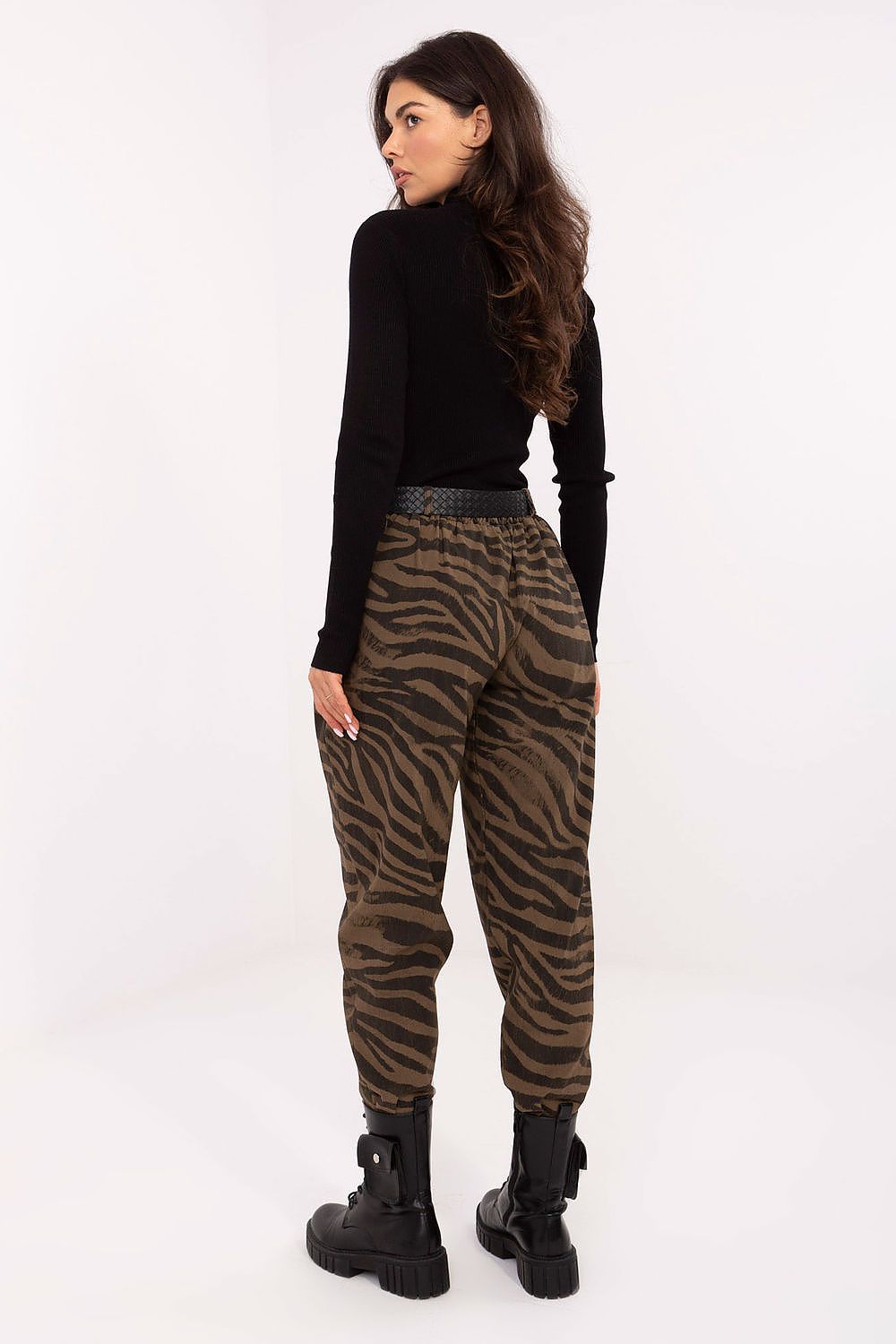 Back view of Zarah Women’s zebra print pants showing tapered cut and comfortable fit.