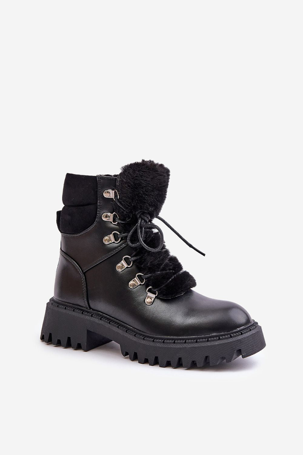 Standalone black eco leather ankle boots with fur detail on tongue