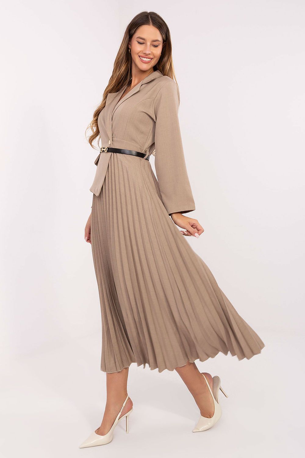 Side view of flared maxi dress showing button closure and waist belt detail-beige