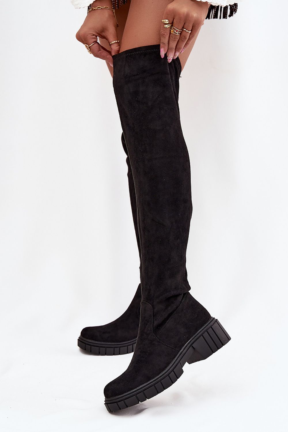 Front view of S.Barski eco suede over-the-knee boots with a slim, elegant fit.